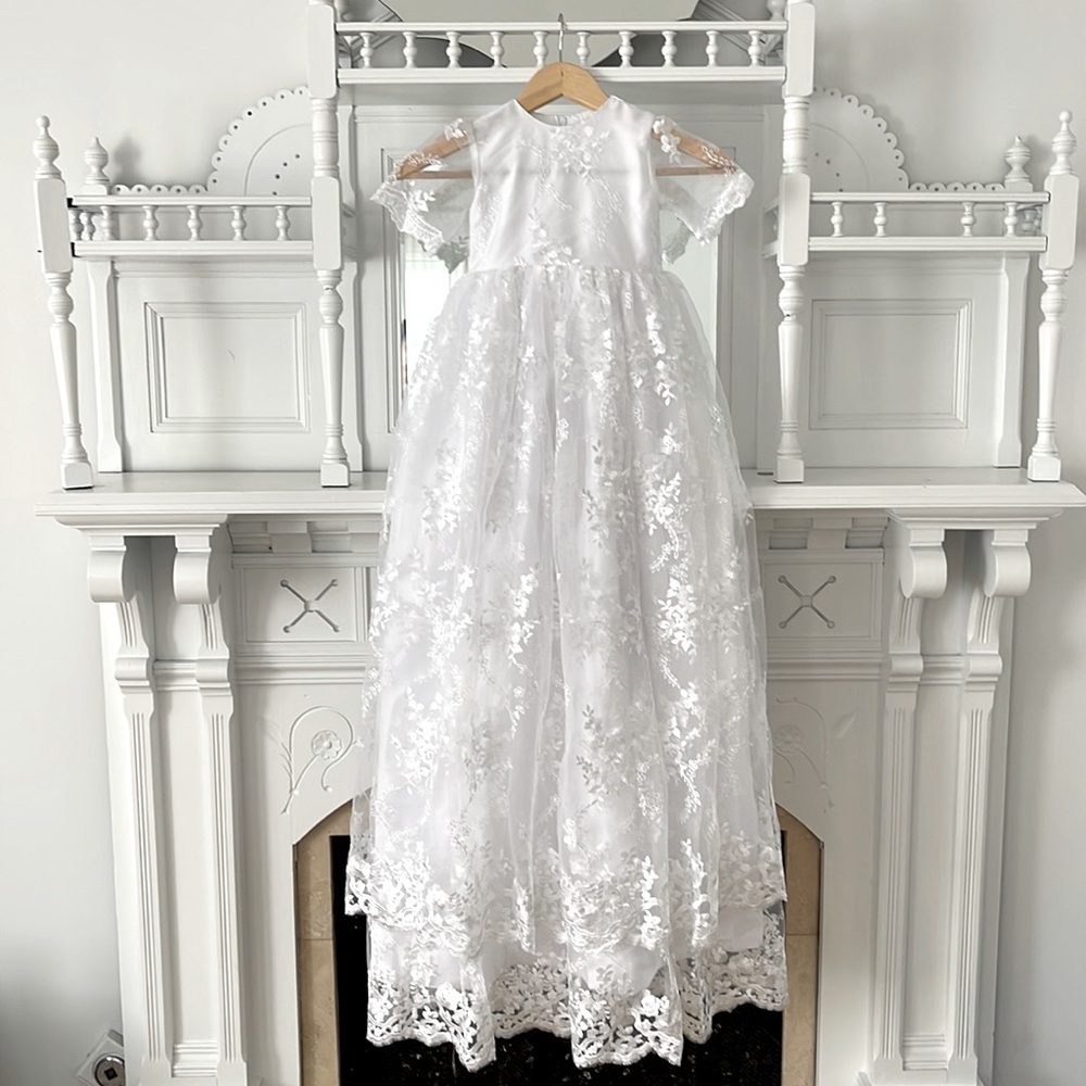 Lace Embroidered Christening Baptism Gown and Bonnet